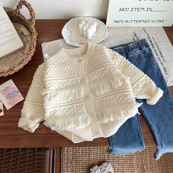 Autumn Children Tassel Cardigan Sweater Korean Version Baby Fashionable Fashion Hollow Sweater Girls Knitted Coat 250827 M260310