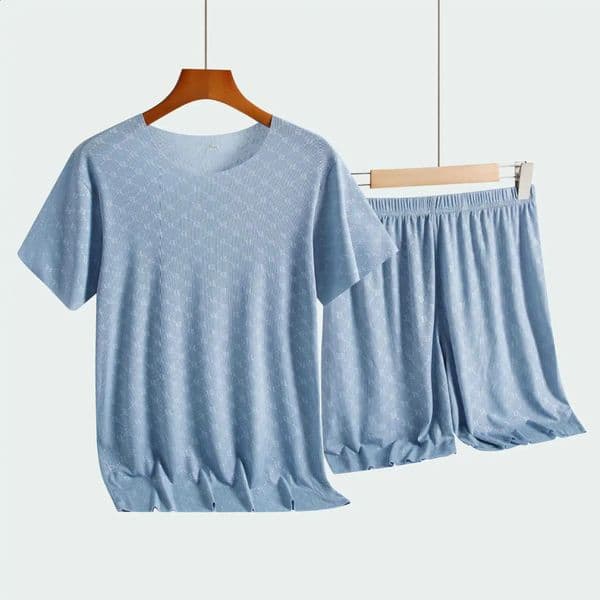 Summer Male Pajamas Homewear Set Printed Ice Silk TShirt ShortSleeved Modal Casual Pajamas Male Pajama Trousers Thin Suit 250829BJ