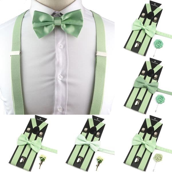 Novalty Sage Green Suspender Bowtie Set For Men Women Kids Romatic Wedding Party Elastic Yback Straps Pants Shirt Accessory250829BJ