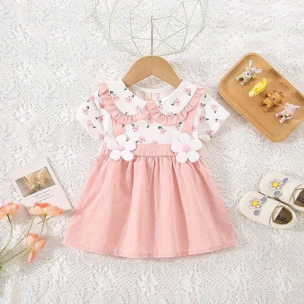 03 Years Old Summer Baby Girl Cotton Flower Fake TwoPiece Shoulder Strap Dress Girl Cute Short Sleeved Dress250829BJ