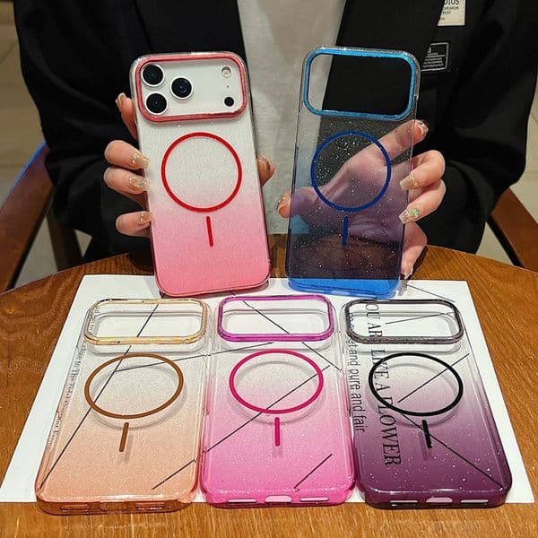 Gradient Glitter Magnetic Wireless Charging Cases For Iphone 17 Air 16 Plus 15 Pro Max 14 13 12 11 Hard Plastic PC Bling Sparkle Magnet Hybrid Dual Color