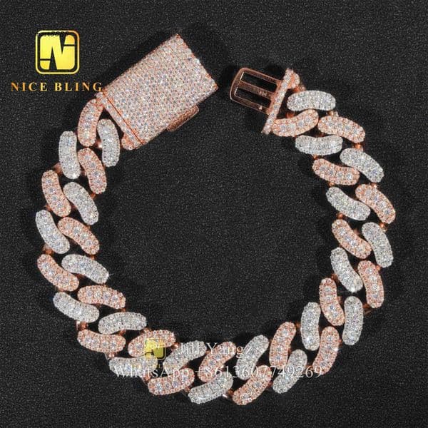 Rose Gold Rhodium Plated 15mm Moissanite Cuban Chain Moissanite Cuban Bracelet 18k Gold Plated Necklace 925 Silver Chain