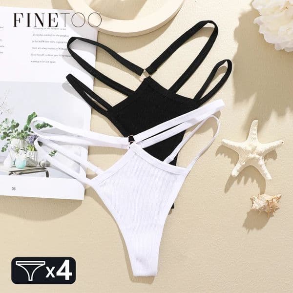 FINETOO 4Pcs Cotton Double Thin Belts Underwear for Women Sexy Low Waist Striped Thongs Ladies Soild Panties Breathable Lingerie 250829