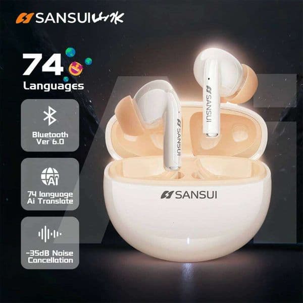 Sansui W59 AI Translator Earphones ANC 6.0 TWS Wireless Ear Buds -35Db Active Noise Cancelling Bluetooth Headphone
