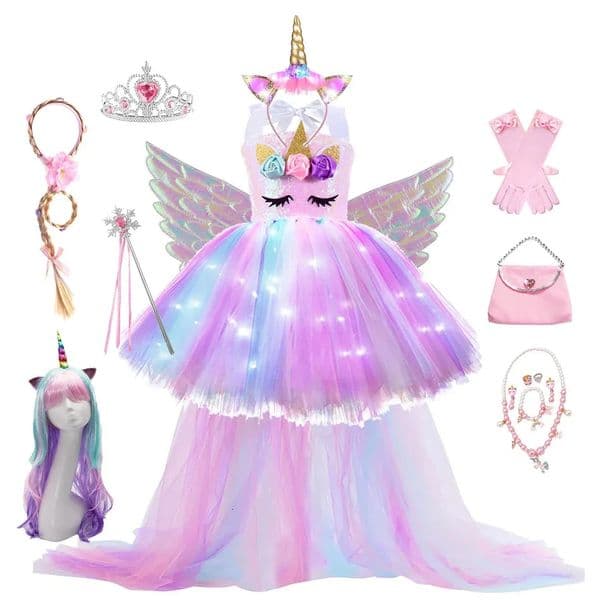 Kids Long Tail Unicorn Dress with LED Lights Girls Birthday Party Dress Princess Carnival Costume Hairband Pastel Rainbow Gown 250829BJ