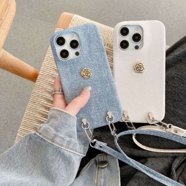 2026 outdoor New Outdoor New Japanese And Korean Denim Pattern Lanyard Compatible With Iphone 16 Pro Chanel Style Phone Case For Women 15 14 Max Apple 12 Free S