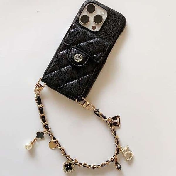 Luxury New iPhone 16 Pro Max Case Lychee Pattern Card Slot Handheld Chanel Style 14/15 Makeup Mirror