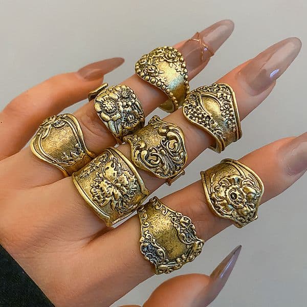 Luxury Brand Designer Jewelry European And American Ethnic Style Pattern Exaggerated Punk Style Vintage Ring Set Joint Ring Retro Open Ring