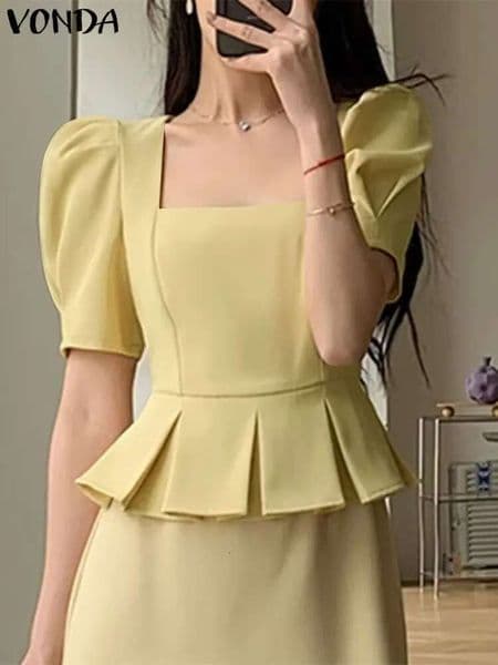 VONDA 2024 Summer Square Collar Women Blouse Tops Tunic Short Puff Sleeve Fashion Loose Shirts Casual Solid Color Blusas