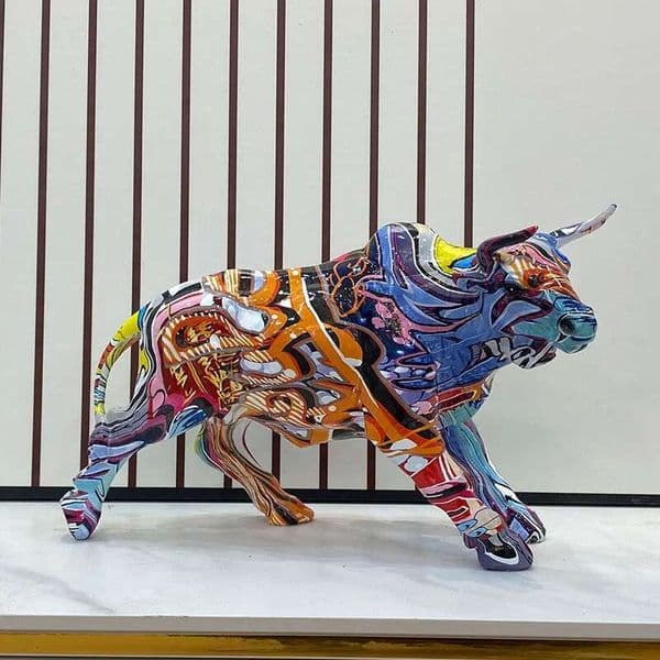 Colorful Water Transfer Printing Cow Statue Desktop Resin Graffiti Art Home Decoration Office Ornament Friends Gift