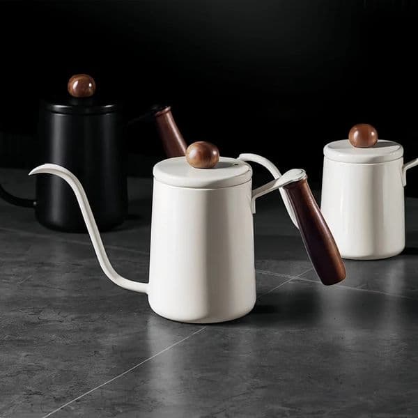 350/600ML Hand Brewed Coffee Pot 304 Stainless Steel Household Narrow Mouth Solid Wood Handle Milk Foam Kitchen Cafe Accessories 250224BJ