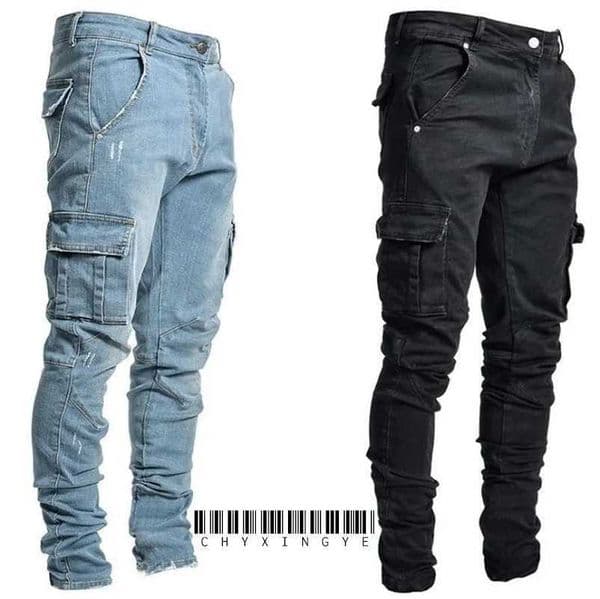 new Jeans Men Pants Wash Solid Color Multi Pockets Denim Mid Waist Cargo Jeans Plus Size Fahsion Casual Trousers Male Daily Wear Q260505
