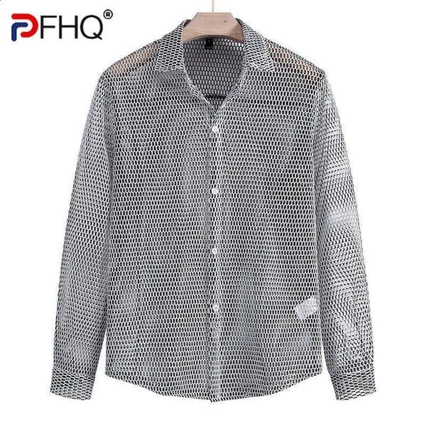 PFHQ Mens Hollowed Out Long Sleeved Shirt Nightclub Single Breast Long Sleeve Casual Male Tops 21E1635 250224