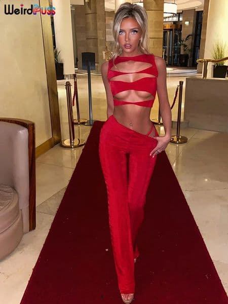 Weird Puss Y2K Velvet Women Sexy Hollow 2 Piece Set Skinny Tank TopFlare Pants Summer Trend Matching Streetwear Elastic Outfit 250225