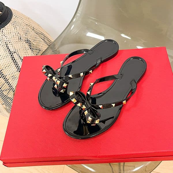 Designer Dress Shoes Slippers Summer Women Beach Flip Flops Shoes Classic Quality Studded Ladies Cool Bow Knot Flat Slipper Female Jelly Sandals real leather Shoes