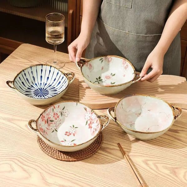 Japanese Household Noodle Bowl 75inch Ceramic Soup With Handle Salad Pasta Kitchen Tableware Microwave Oven Bakware 250228