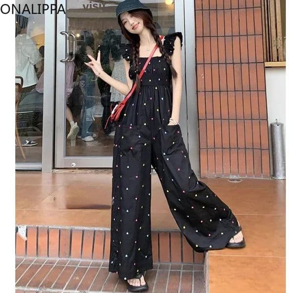 Onalippa Colorful Hearts y Jumpsuit Women Ruffles Elastic Chest Wide Legs Overalls Flying Sleeves Sweet Contrast Pants 250303BJ