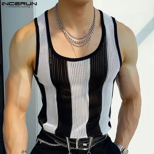 INCERUN Men Tank Tops Summer Sleeveless Fashion Transparent Tops Tee Men Clothing Streetwear Striped Chemise Oversized S-5XL250304wwBJ