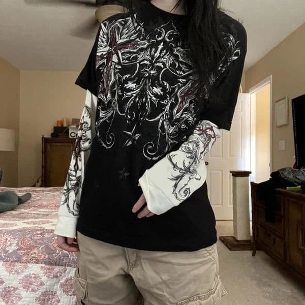 90s Vintage Graphic Print Oversized TShirt Y2K Aesthetic Retro Grunge Pullovers Tops Egirl Gothic Mall Goth Emo Tees Clothes 250228