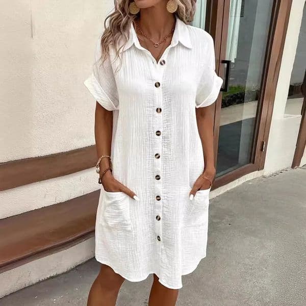 Womens Fashion Summer Minimalist V-neck Button Dress Womens Cotton Flax White Short Sleeve Pocket Casual Loose Shirt Dress 250227BJ