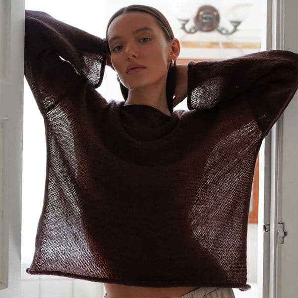 Talenza Hollow Knitted Sweater Pullover Womens Solid See-through O-Neck Long Sleeve Knitted T-Shirt Loose Casual Pullover 250303