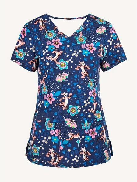 Clinical Uniform Woman Floral Print VNeck Stretchy Sanitary Dental Short Sleeve Top Wholesale Medico Nurse 250304