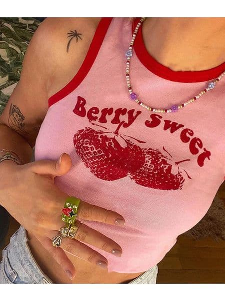 Pink Printed Y2k Tank Top Summer Shoulder O-Neck Sleeveless Fashion 90s Retro Crop Top Womens Casual Sexy 250228