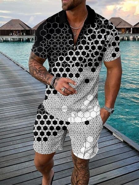 Abstract 3D Print Polo Shirts Shorts Sets Mens Fashion Tracksuits Oversized Short Sleeve Shirt Pants Set Man Suits Clothing 250303