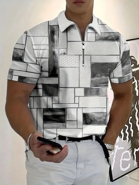 Summer Mens Fashion Polo ShirtLapel Zip Short SleevePlaid PrintMens Sports Casual Short SleeveMens Short Sleeve Tops 250304