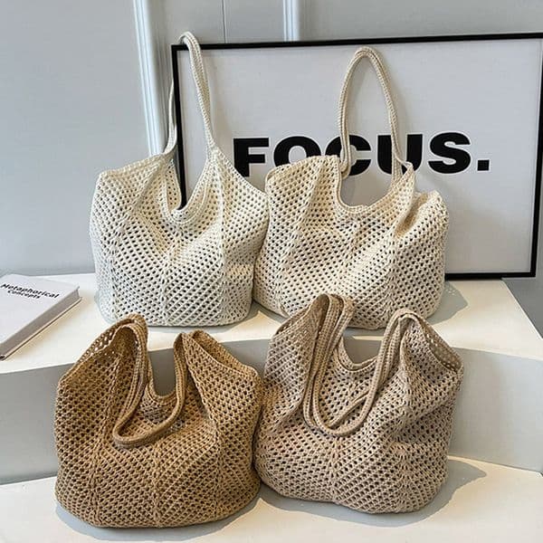 Ship from US Women Hollow Summer Bag Solid Color Aesthetic Hobo Large Capacity Knitted Tote Handbag Ladies Daily 250303FBB