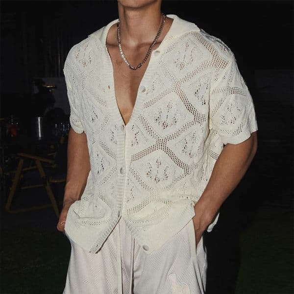 Sexy Mens Hollow Out Knit Shirt Vintage See Through Breathable Knitting Shirts Men Summer Stylish Solid Color Short Sleeve Tops 250304
