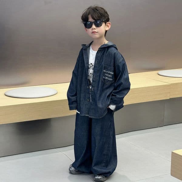 Children Clothes Denim Suit 2025 Spring Boys Fashion Loose Coat Handsome Pants Simple Kids Solid Color Two-piece Set 250305 M260323