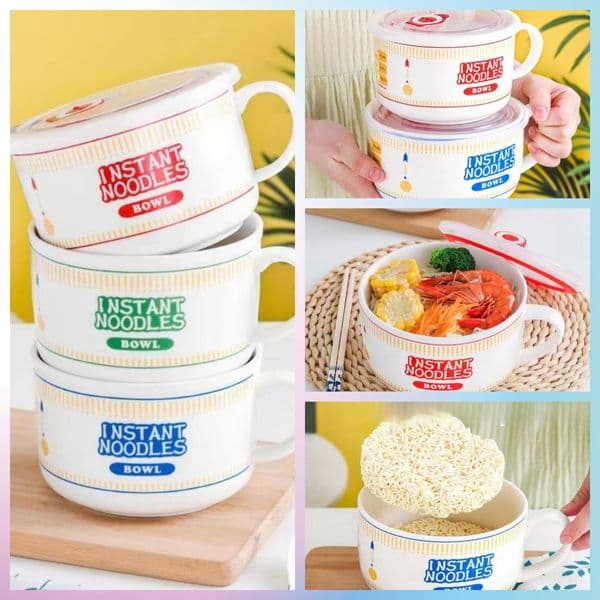 Ceramic Creative Large Capacity Ramen Bowl Soup Bowl with Lid Salad Bowl Kitchen Camping Supplies Two Sizes with Handles