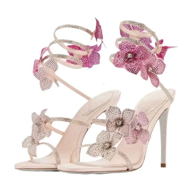 Crystal Flower Thin High Heels Sandals for Women - hot Street Style, Narrow Band Ankle Strap, Pole Dancing Shoes