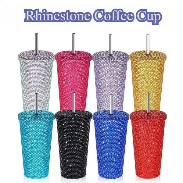 500/750ml Rhinestone Coffee Cup Stainless Steel Double Layer Thermos Cups Straw Cup with Lid Women Glitter Cups Water Bottles 250304