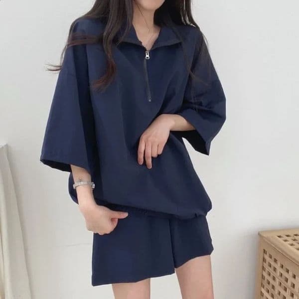 Short sleeve Shorts Womens clothing Two-piece Set Plus size Turtleneck Zip-up Spring Summer Fashion Casual Sweatshirt Set Loose 250228BJ