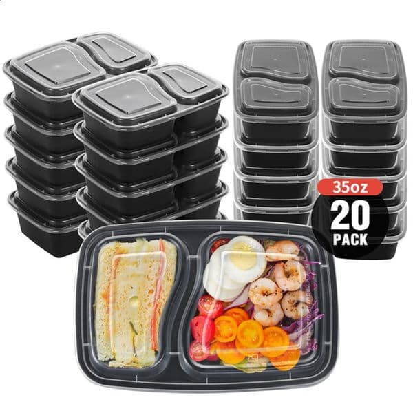 20Pcs Two Grid Lunch Box Disposable Portable Lunch Box Microwave Heating Tableware Stackable Plastic Food Storage Container 250304