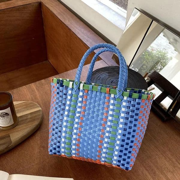 Vegetable Basket Summer Fashion PVC Handbag Hand Woven Bag Patchwork Striped Tote Beach Bags Purses and Handbags 250306