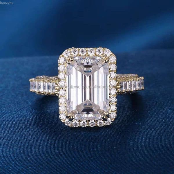 Customized Women S Sier 10k 14k Solid Gold 3CT 5CT Emerald Cut Moissanite Lab Dia Wedding Engagement Halo Ring
