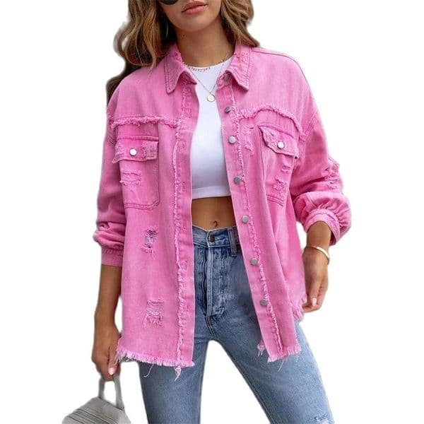 2023 Holes Rawedges Denim Jacket Women Spring Autumn Shirt Style Jeancoat Casual Top RoseRed Orange Purple Outerwear Lady Coat 250226