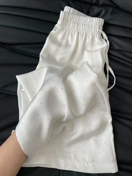 White High Waisted Rhinestone Casual Wide Leg Pants For Women Spring Summer Drawstring Elastic Waist Straight Trousers 250306