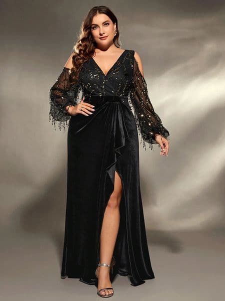 Mgiacy plus size deep Vshaped cross neck shoulder open collar sequin splicing velvet irregular lotus leaf matching seam dress evening gown 250225BANJIA