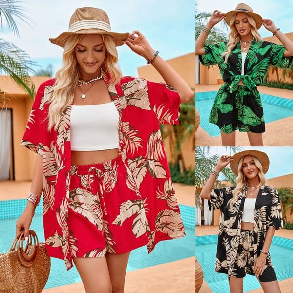 2024 Summer New Women's Fashion Print Leisure Holiday Style Cardigan Shorts Set
