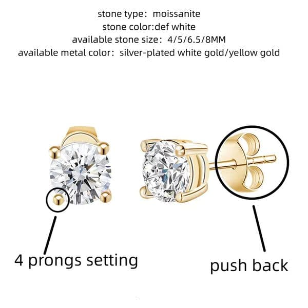 Starsgem High Quality Silver DEF VVS Claw Set Classic Studs Round Cut Loose Gemstones Moissanite Earrings