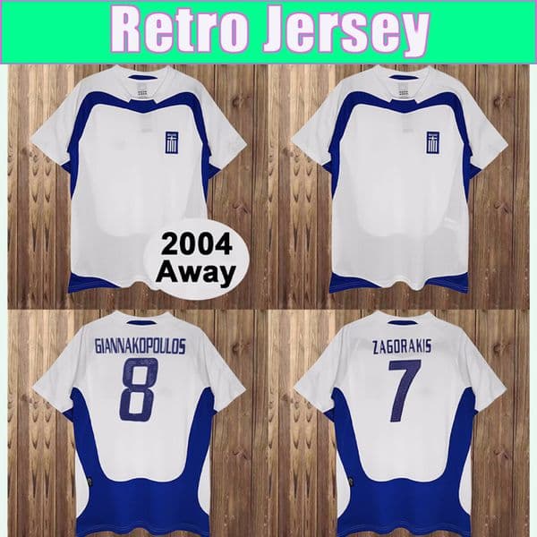 2004 Greece Retor Mens Soccer Jerseys GIANNAKOPOULOS ZAGORAKIS Away White Blue Football Shirt Short Sleeve Vintage Adult Uniforms