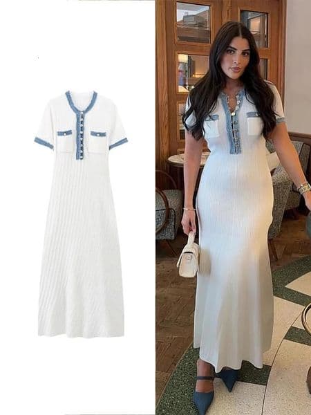 TRAF Women Fashion Splicing Knit Slim Long Dress Elegant Vneck Short Sleeve Button Casual Maxi Pleated Wrap Party Dresses 250311BJ