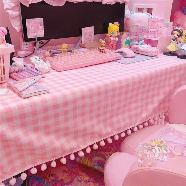 2023 Girls Pink Tablecloth Ins Cute Plaid Desk Cloth Dormitory Computer Wallpaper Mat Kawaii Room Decoration Table Cover 250303
