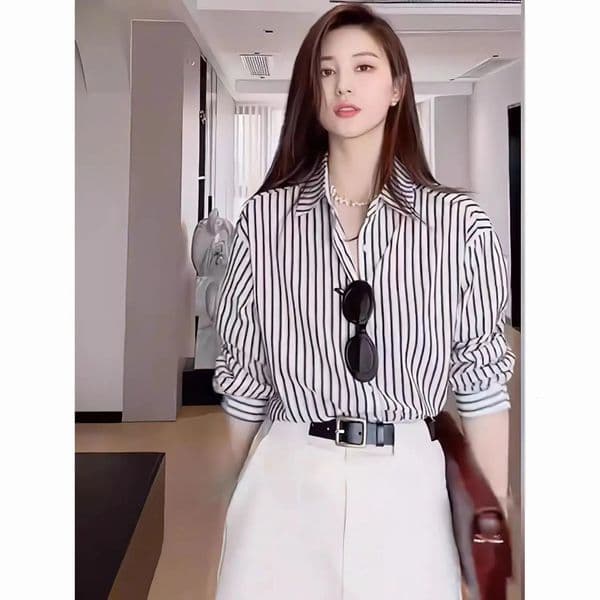 Black Striped Blouse For Women Srpng Temperament Casual Longsleeved Shirt Office Lady Wear Elegant Ladies Clothes Tops 250310