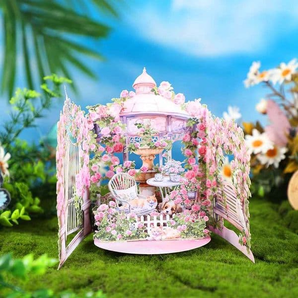 Pink Rose Garden pop-up greeting card birthday anniversary gift for your lover mother teacher Spring comfortable cozy kitten X250311