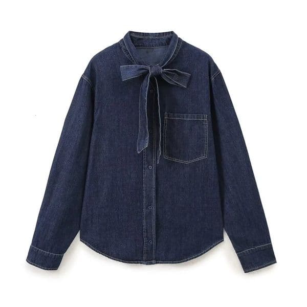 UNIZERA AutumnWinter Product Fashionable Womens Loose Color Contrasting Bright Thread Decorative Bow Denim Shirt 250311
